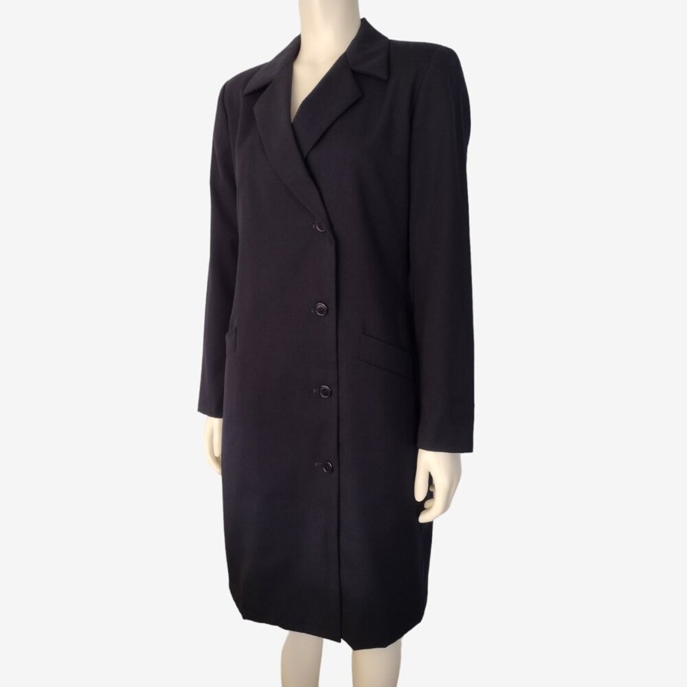 Vintage 1990s Havre Bernard Black Asymmetric 100% Wool Long Fitted Coat - Picture 3 of 14